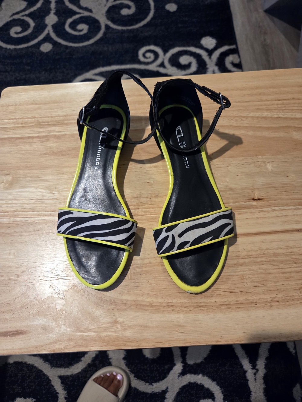 CL by Laundry Black Sandals with Neon Yellow Trim and Zebra Strap